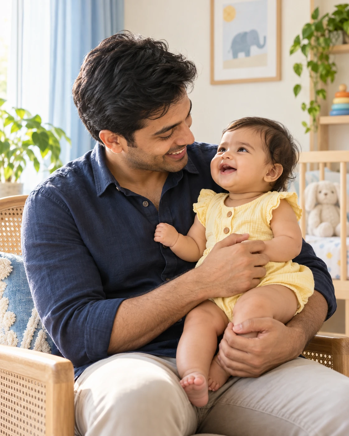 A dad sharing a happy moment with his baby in a sunlit nursery