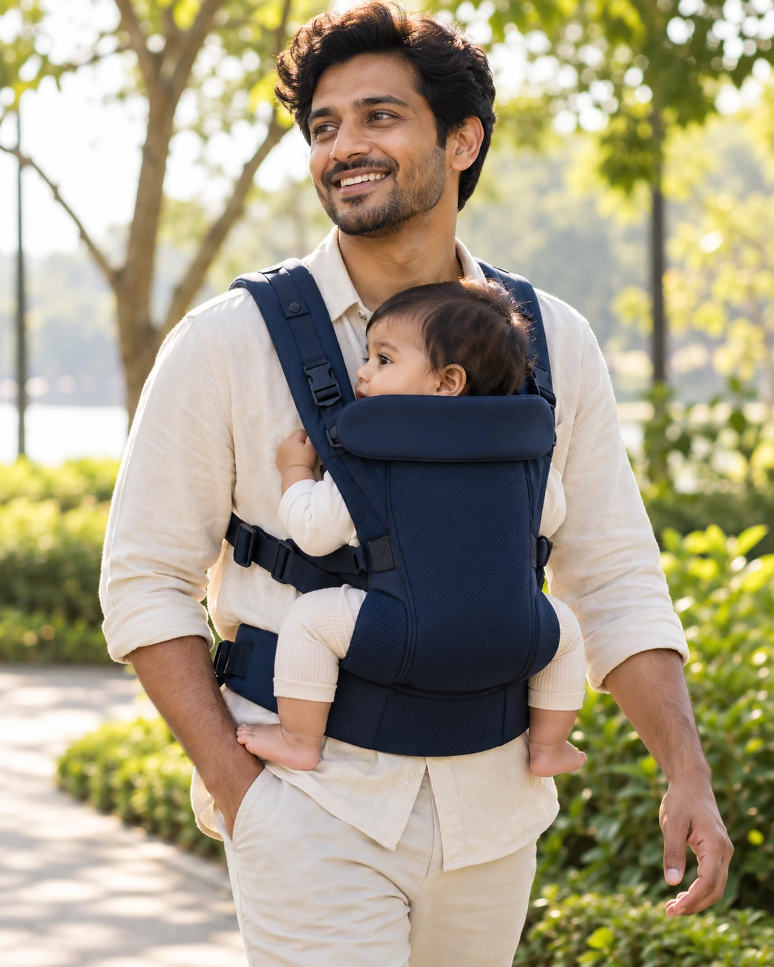 A dad and baby heading out into the park