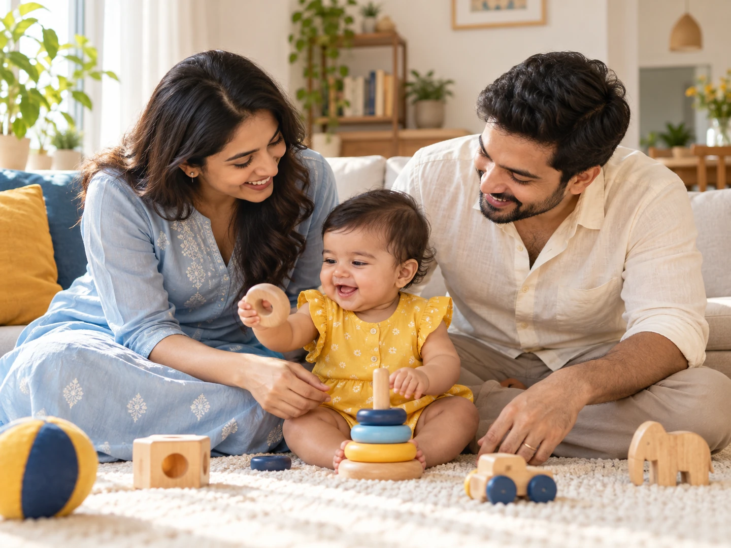 Parents playing with their baby together on the sofa