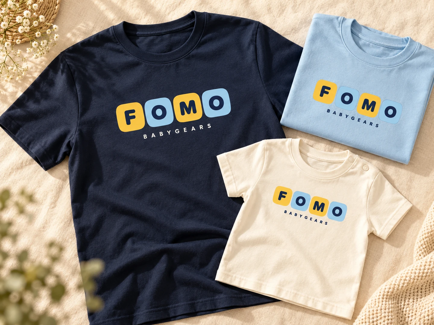 Matching navy, ivory and sky-blue FOMO family T-shirts