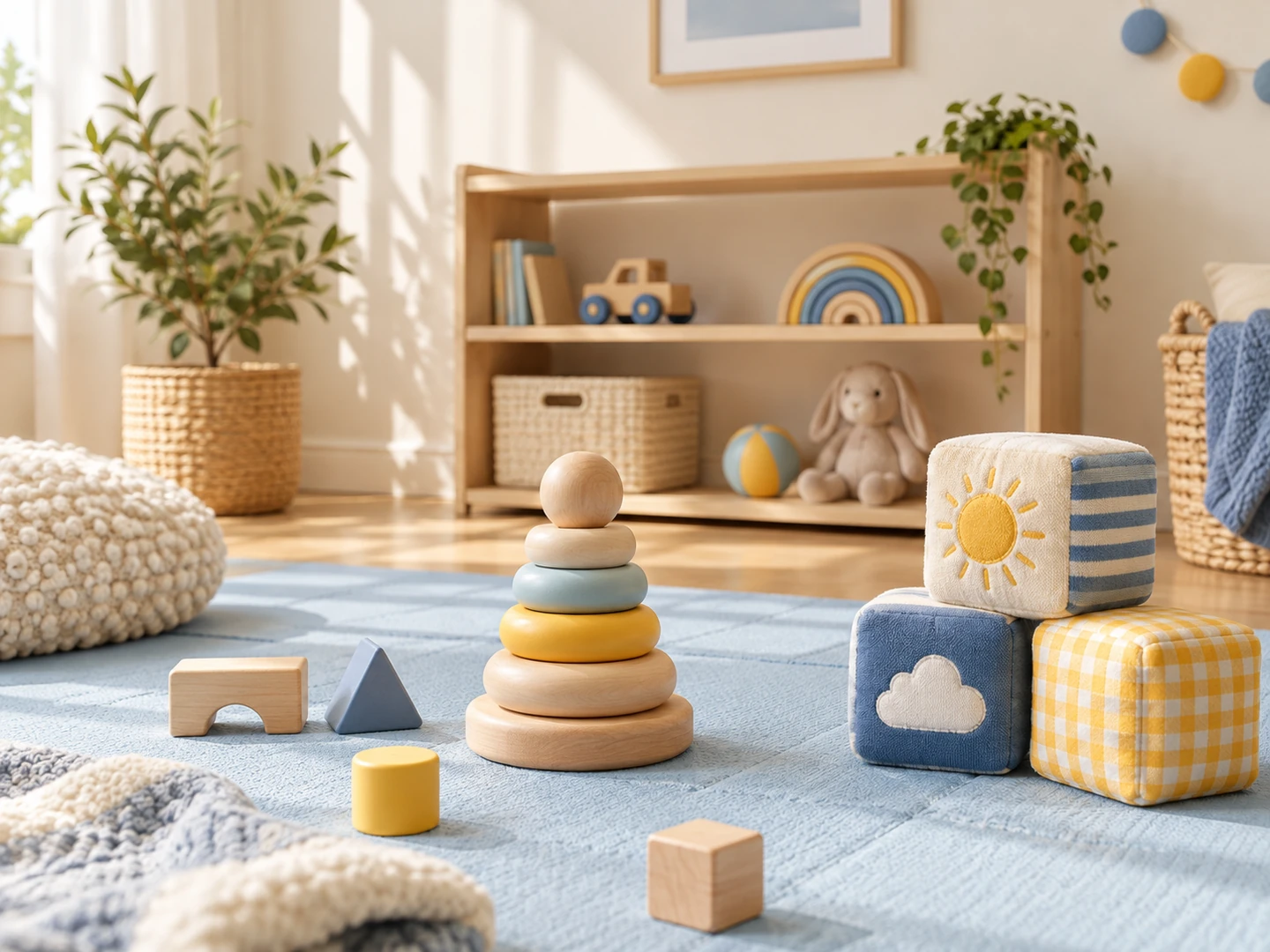 A calm nursery play area with simple wooden toys